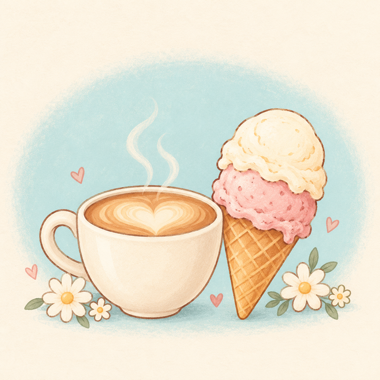 Soft pastel cartoon of a coffee cup, ice cream cone, daisies and hearts